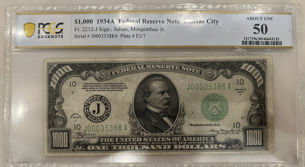$1000 1934A Federal Reserve Note Kansas City