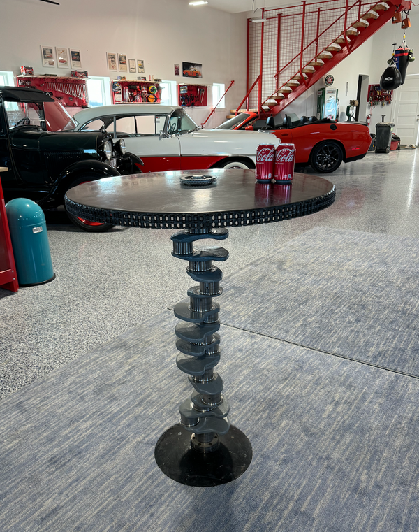 High-top table made from a crankshaft and timing chain.