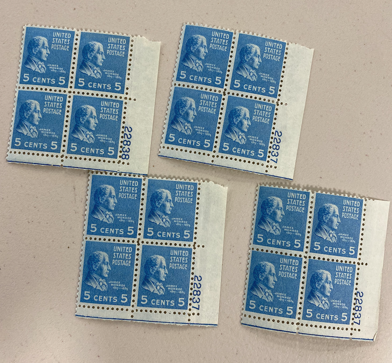 4-stamp plate of 1938, blue 5 cent Monroe stamps.
