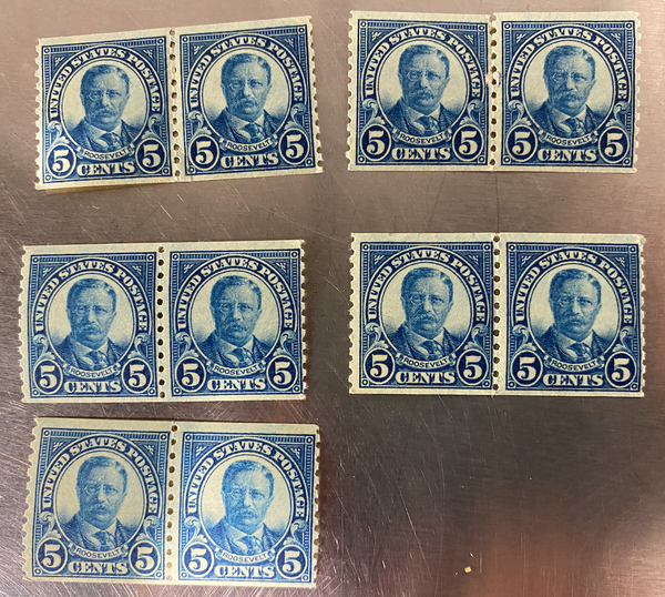 1924, 5 cent, Theodore Roosevelt line pair stamps.
