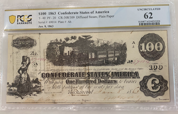 $100 1863 Confederate Currency