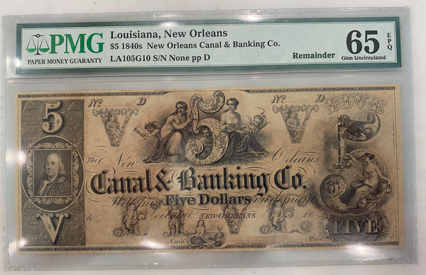 $5  1840s New Orleans Canal & Banking Co.