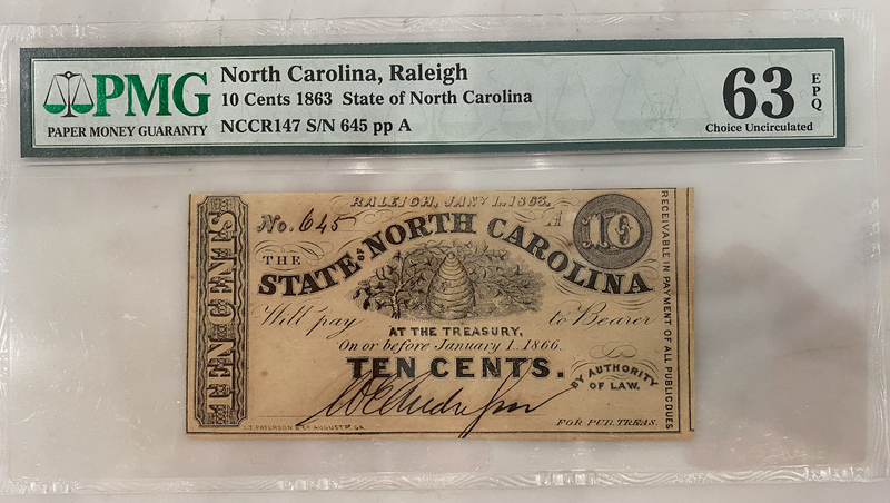 10 cents, 1863, State of North Carolina Currency