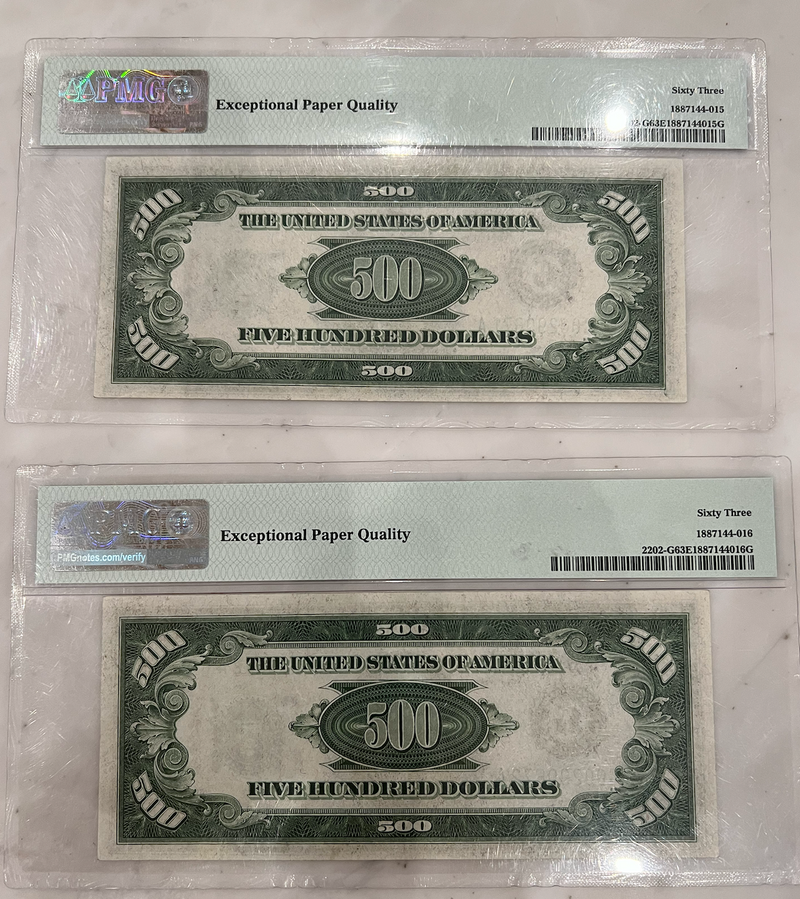 $500 1934A Federal Reserve Notes Chicago (two consecutive serial numbers)